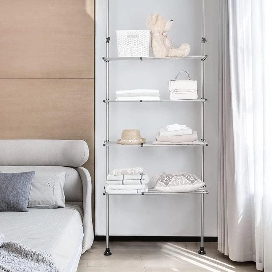 Pannello di stoccaggio 4 livelli per bagno, spaziale risparmio di spazio, asciugatrice, lavatrice, stendibiancheria, regolabile, nero