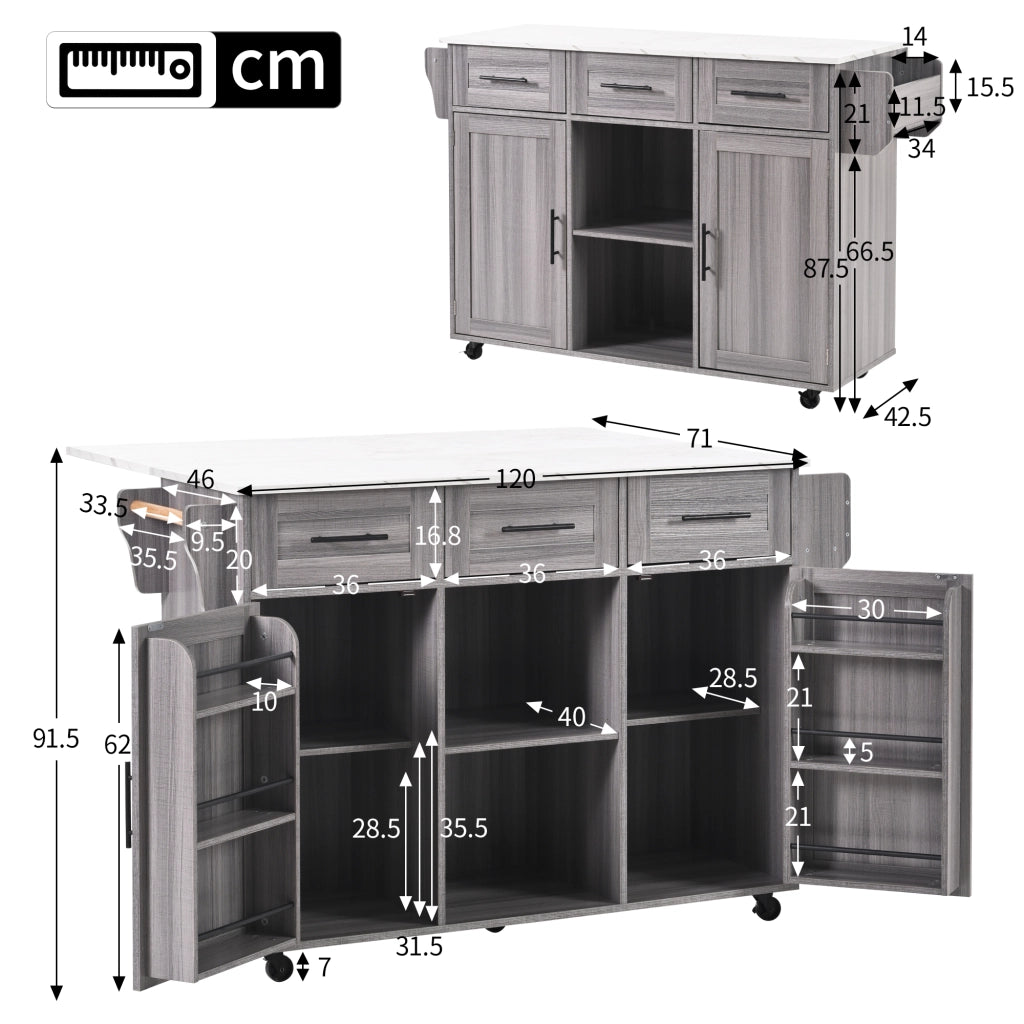 OKWISH Carrello da cucina con 3 cassetti e 3 ante, piano ribaltabile e portasalviette, MDF, 139 x 46 x 91.5 cm