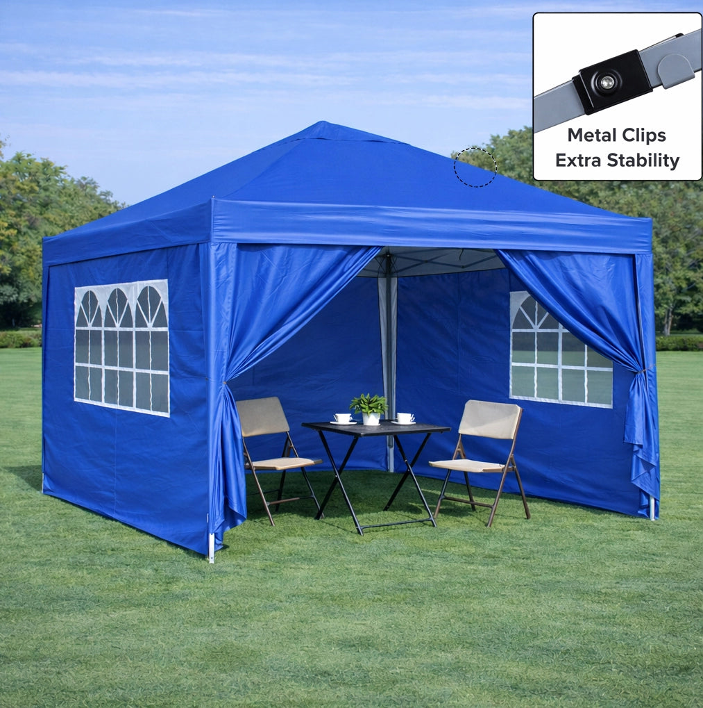 Gazebo pieghevole 3x3 m blu con pareti laterali e sacchi di sabbia