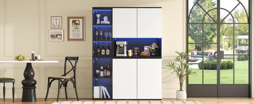 Credenza e madia con LED, 2 ante in vetro e vani contenitore, per soggiorno e sala da pranzo, 120 × 40 × 160 cm