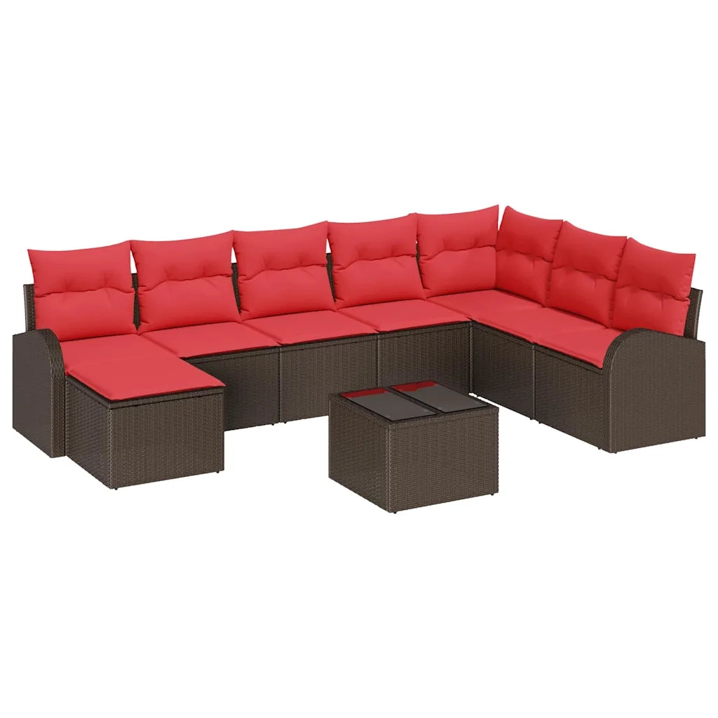 Set di divani con cuscino 9 pcs Marrone e Rosso polyrattan