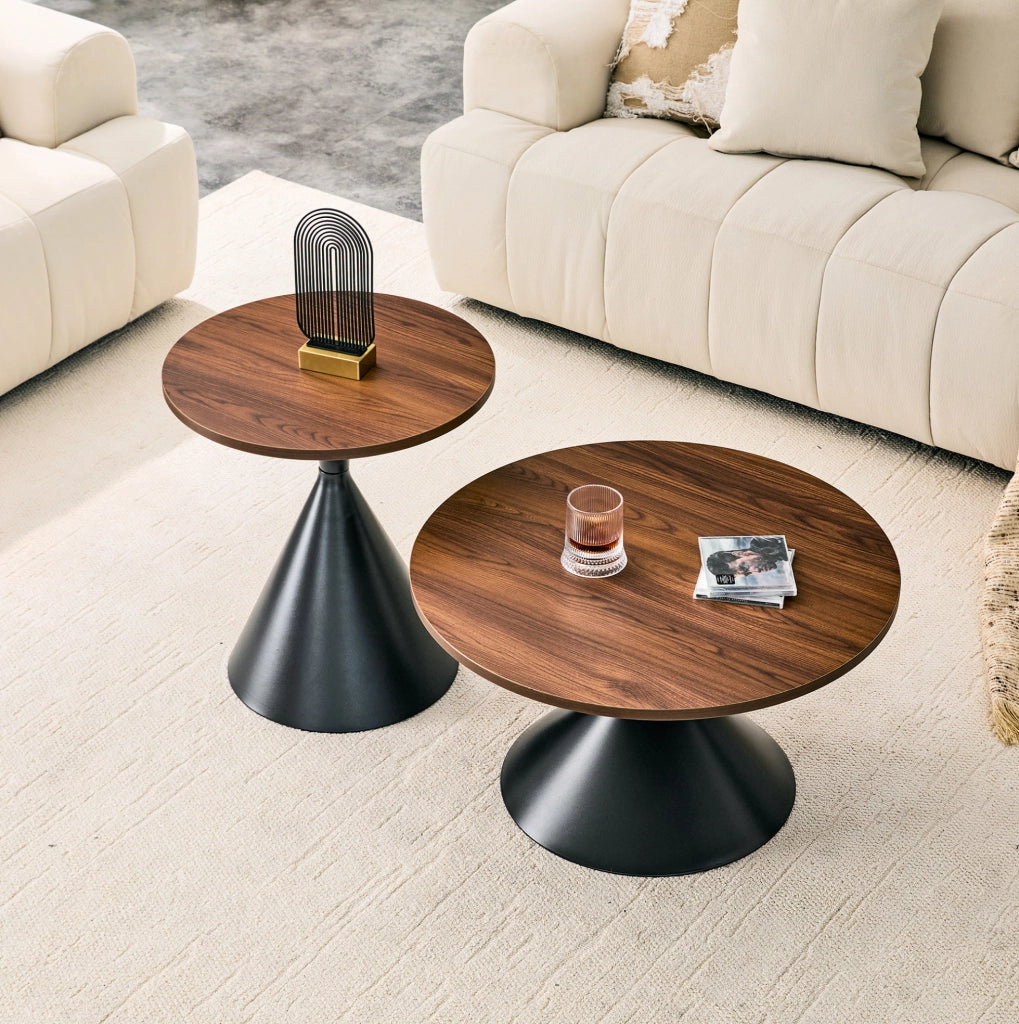Set di 2 tavolini da caffè impilabili noce e nero, Ø70/50 cm
