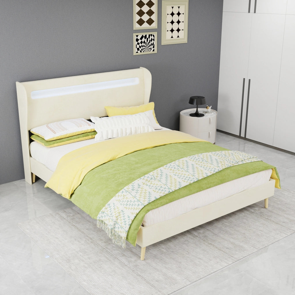 Letto imbottito ULEVR 140x200 cm con testiera regolabile e illuminazione LED a colori, beige