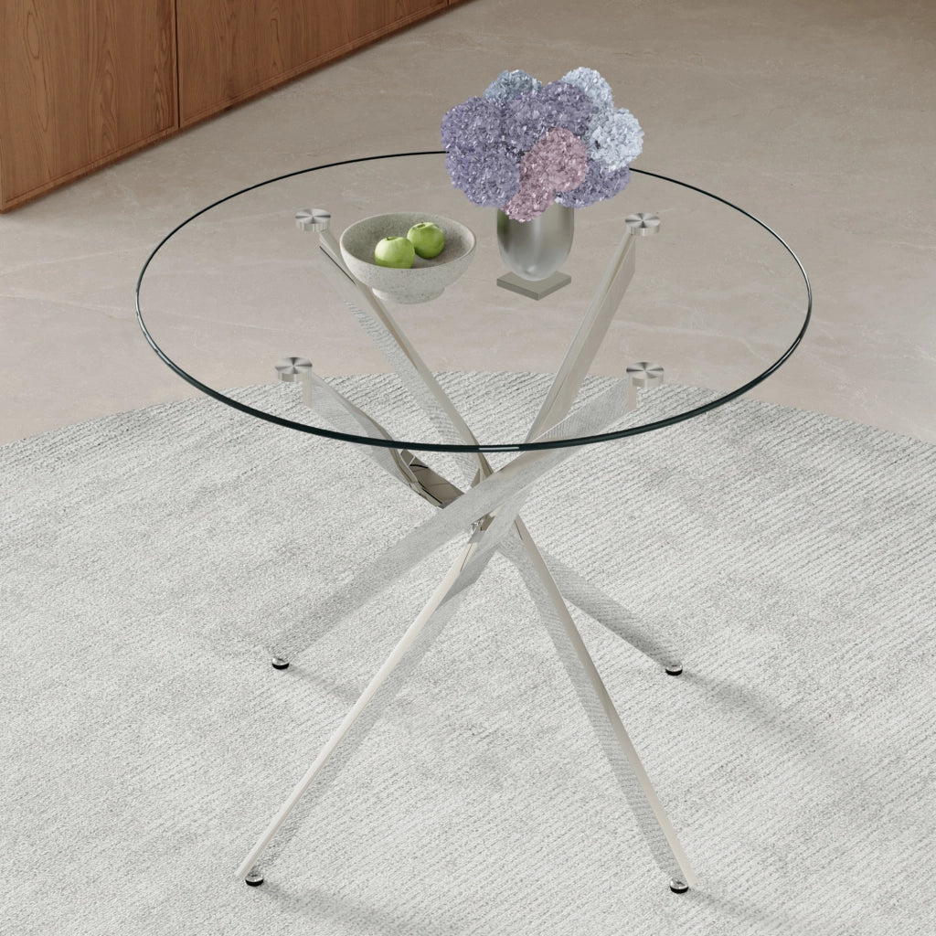 Tavolo da Pranzo Rotondo ¨C MINIMAL ¨C Vetro Temperato, Telaio in Metallo, 88 cm, 2-4 Persone