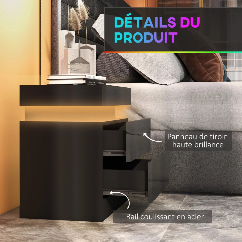 Comodino con luce LED RGB e 2 cassetti ¨C Xylo ¨C nero lucido