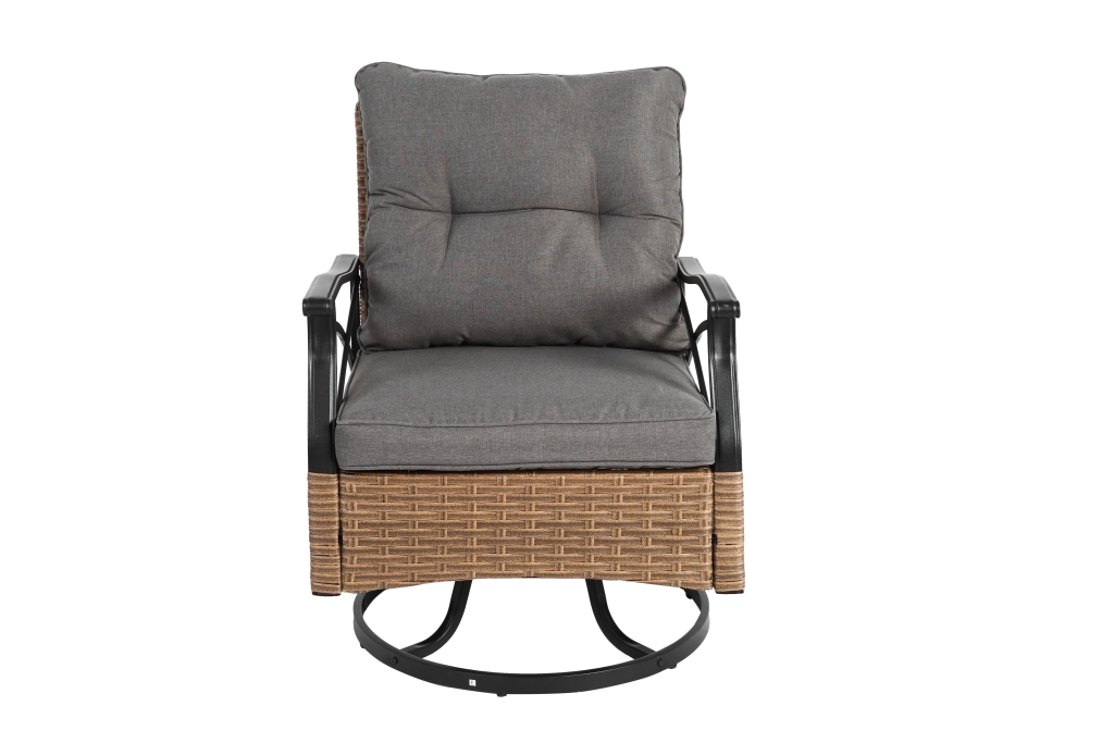 Set lounge da giardino a 3 pezzi con 1 tavolino e 2 poltrone a dondolo girevoli in acciaio e rattan sintetico marrone grigio