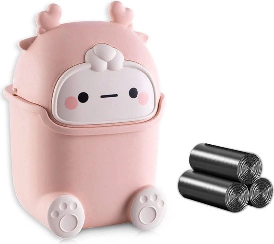 Cassetto di Rifiuti Mini Desktop con Coperchio a Spinta e 3 Rotoli di Sacchi di Immondizia (ROSA)