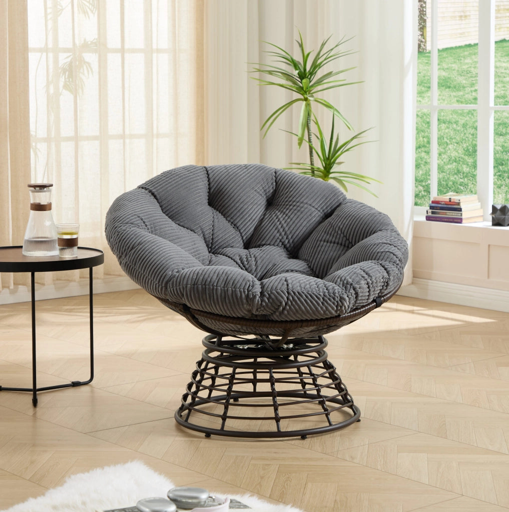 Sedia Papasan girevole 360° con cuscino; ?92x67 cm; struttura in acciaio e rattan PE grigio
