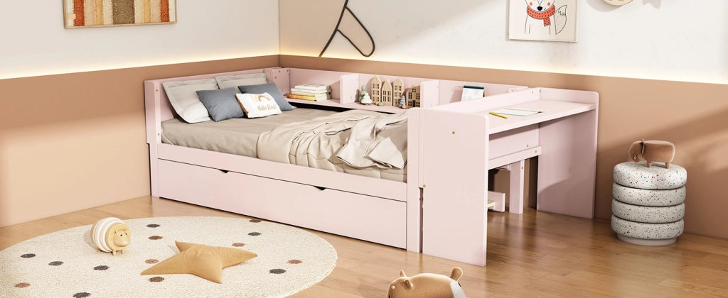 DESMIU Letto bambino 90 × 200 cm con letto estraibile, scrivania e 3 ripiani, senza materasso, rosa