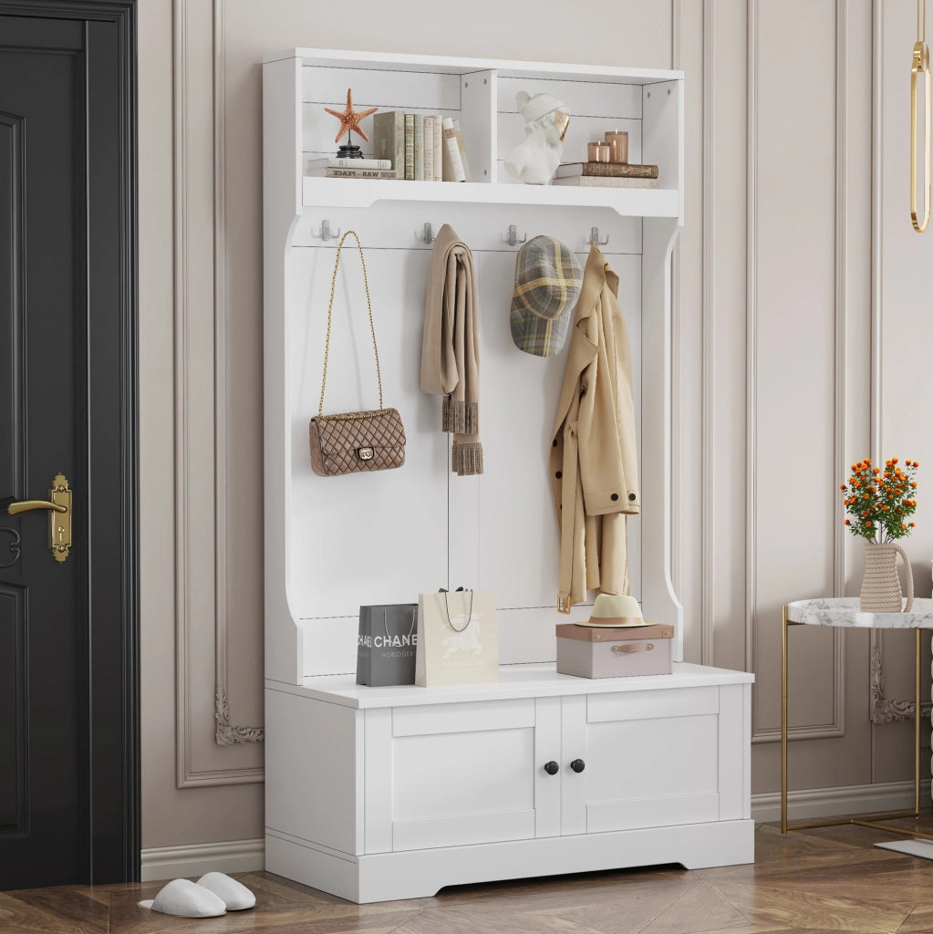 Mobile ingresso bianco con panca; 4 ganci e 2 vani aperti; 101;5 x 183 cm; in truciolare