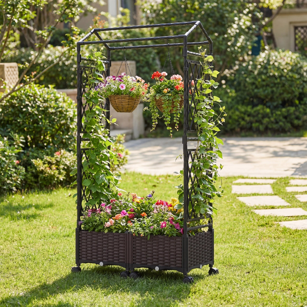Cassetta per piante con irrigazione automatica letto rialzato stabile su ruote bloccabili-Vaso da esterno con grigliato tetto in rattan impermeabile