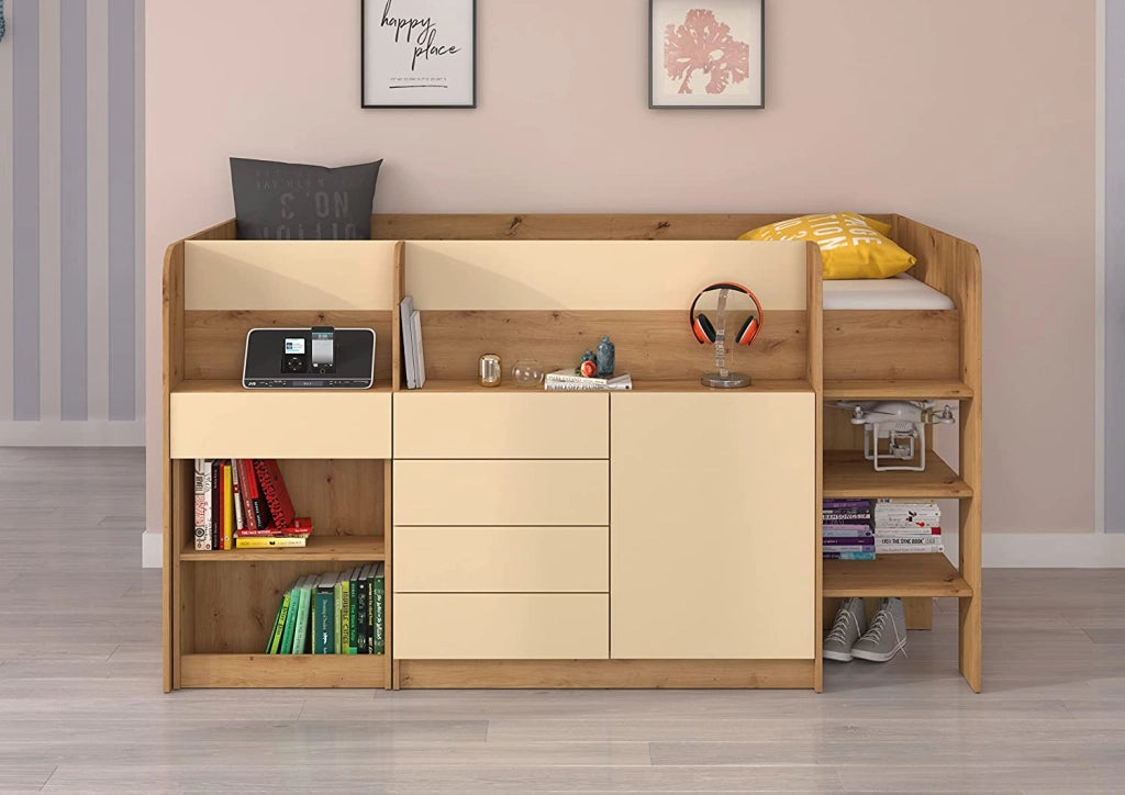 LETTO MOBILE CASSETTIERA CON SCRITTOIO SMILE P 204x 112x112cm LATO DESTRO ROVERE CREMA