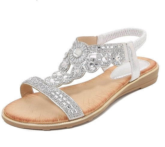 Sandali da donna con strass luccicanti - sandali gladiatore - sandali estivi neri - stile informale - cintura elastica - decorazioni in perle - sandali da donna