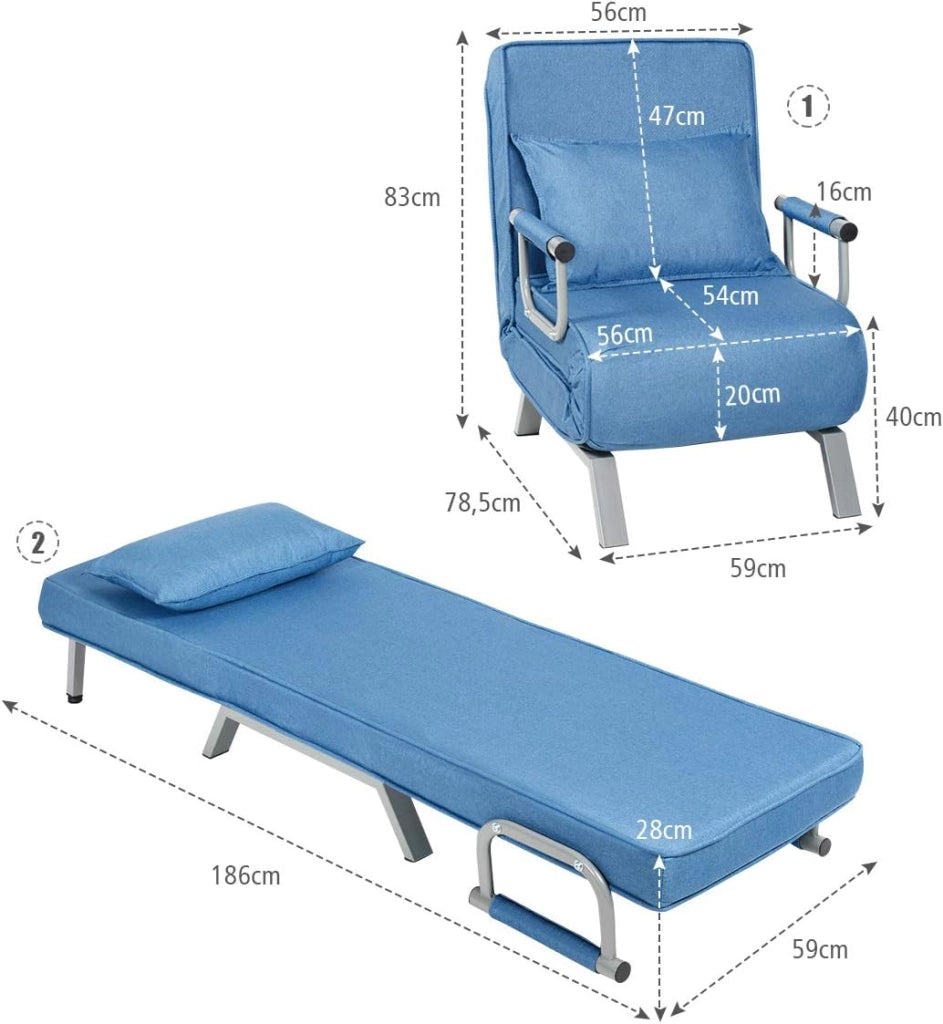 2 in 1 Poltrona Letto Pieghevole, Schienale Regolabile a 5 Livelli, con Braccioli e Cuscinetto, Chaise Longue Soggiorno, Telaio in Metallo, Carico di 150 kg, 59x78,5x83 cm, 5 Colori