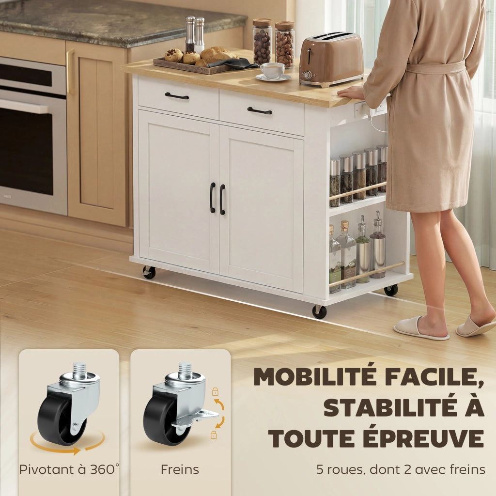 Carrello Cucina con Tavolo Pieghevole ¨C Zephmum ¨C Bianco 2 Cassetti