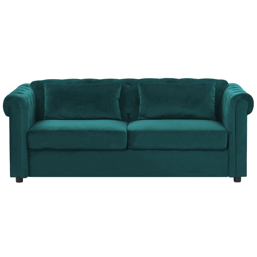 Divano Letto Chesterfield Tessuto Velluto Verde Rivestimento Gambe In Legno Scuro 3 Posti Con Cuscini Materasso Contemporaneo
