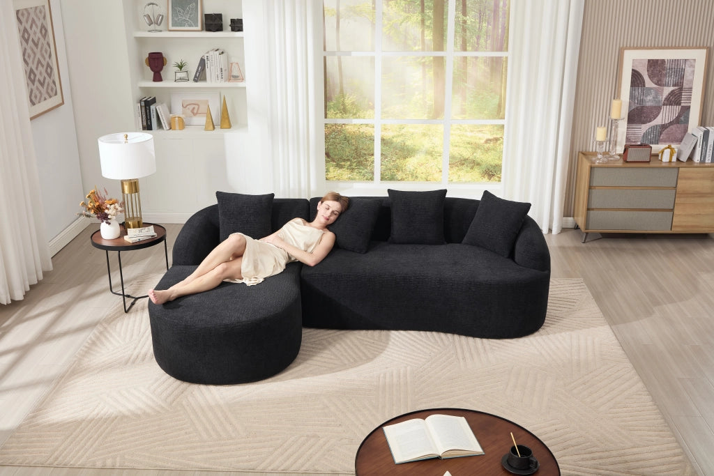 Divano modulare 3 posti con chaise longue sinistra e design curvo in chenille nera per soggiorno