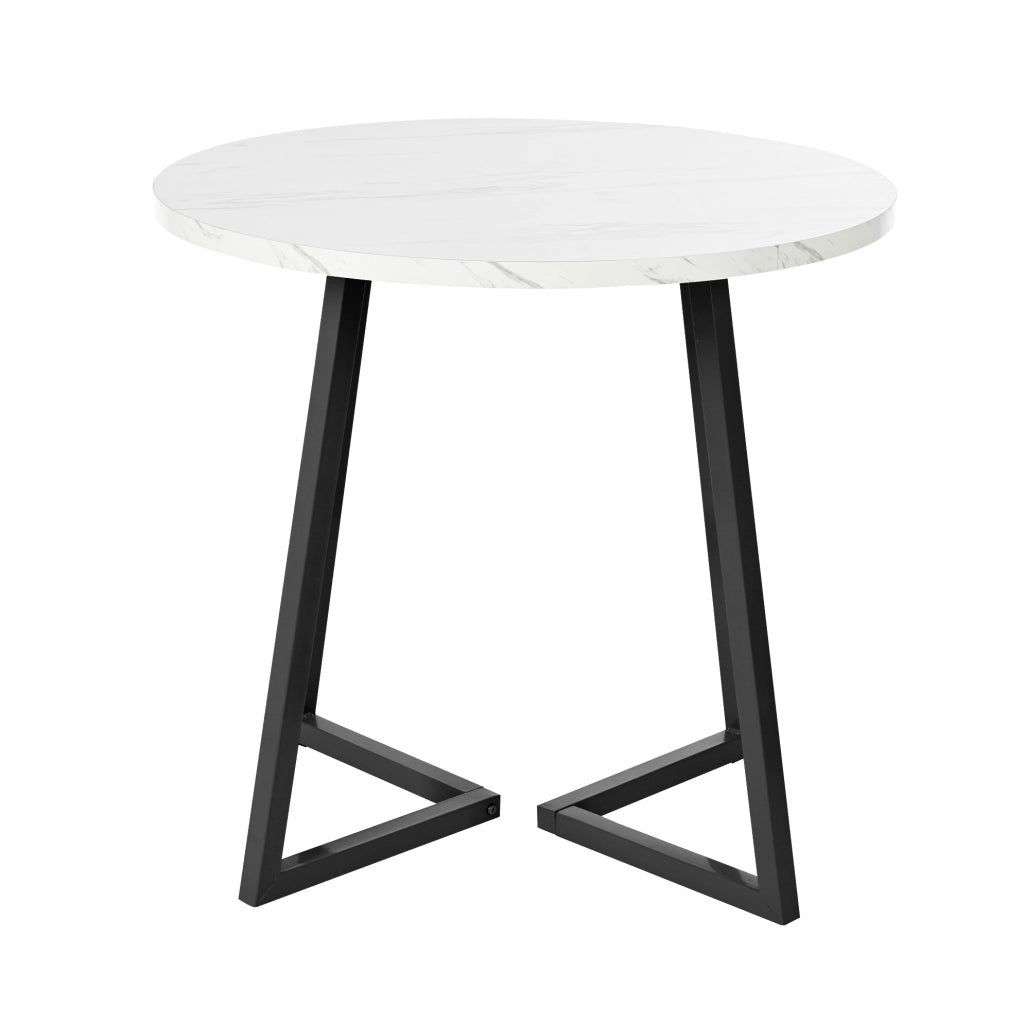 Tavolo da pranzo rotondo 80 cm in MDF effetto marmo; bianco; con base in metallo