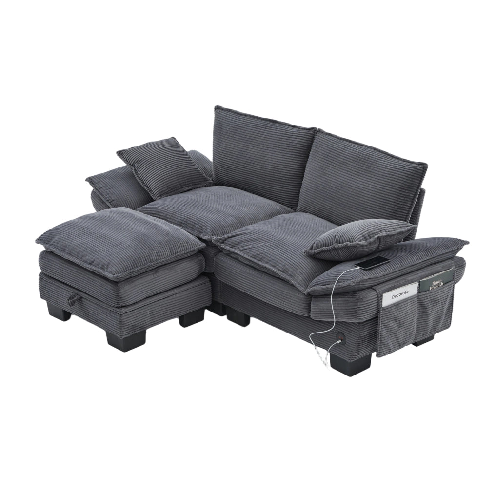 Divano 2 posti con pouf e porta USB-C in tessuto corduroy; 190x132x84 cm; grigio scuro