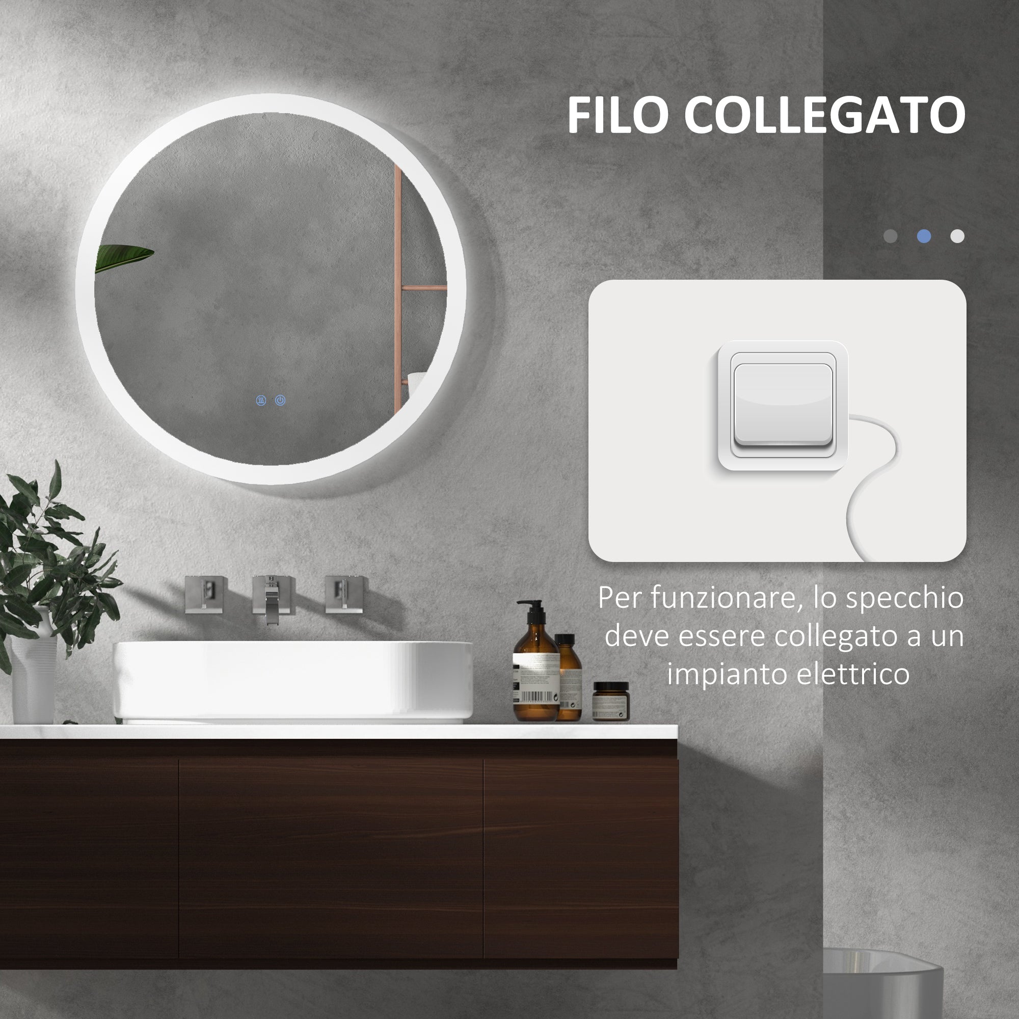 Specchio Bagno con Luci LED 3 Tonalità Ø60 cm Controllo Touch e Design Antiappannamento