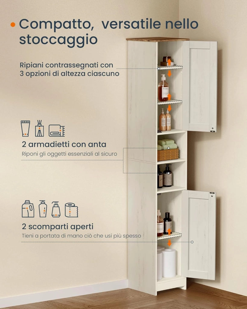 SONGMICS HOME Mobiletto da Bagno Stretto, Montaggio Rapido Senza Attrezzi Toolless, Mobile Compatto con Ripiani Regolabili per Soggiorno, Ingresso, 30 x 30 x 170 cm, Bianco Vintage BBC667WJ01