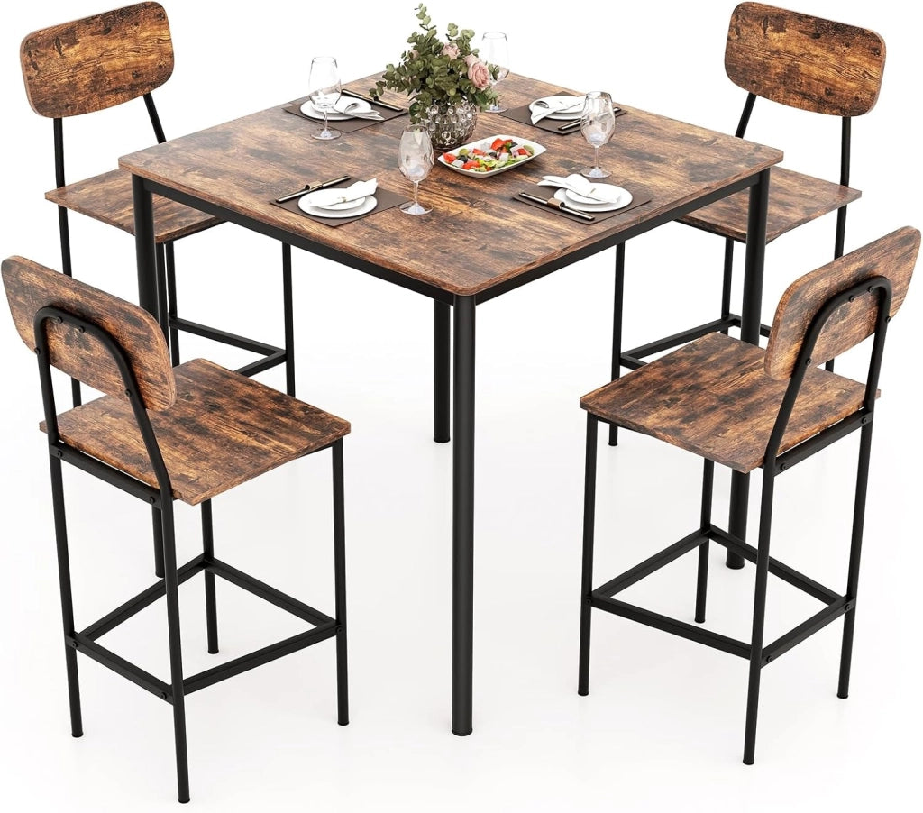 Set Tavoli da Pranzo a 5 Pezzi, Tavolo Alto e 4 Sgabelli da Bar con Poggiapiedi e Schienale, Finiture con Venature di Legno, Gambe di Metallo, Set Mobili Salvaspazio per Bar (Industriale)