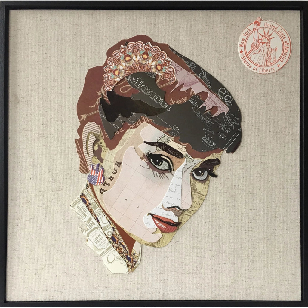 Quadro collage ritratto attrice in carta riciclata 52x52 cm