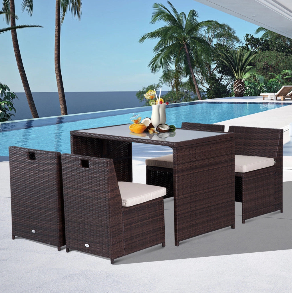 Set da giardino 5 pezzi in polyrattan con tavolo; 4 sedie pieghevoli e cuscini; marrone