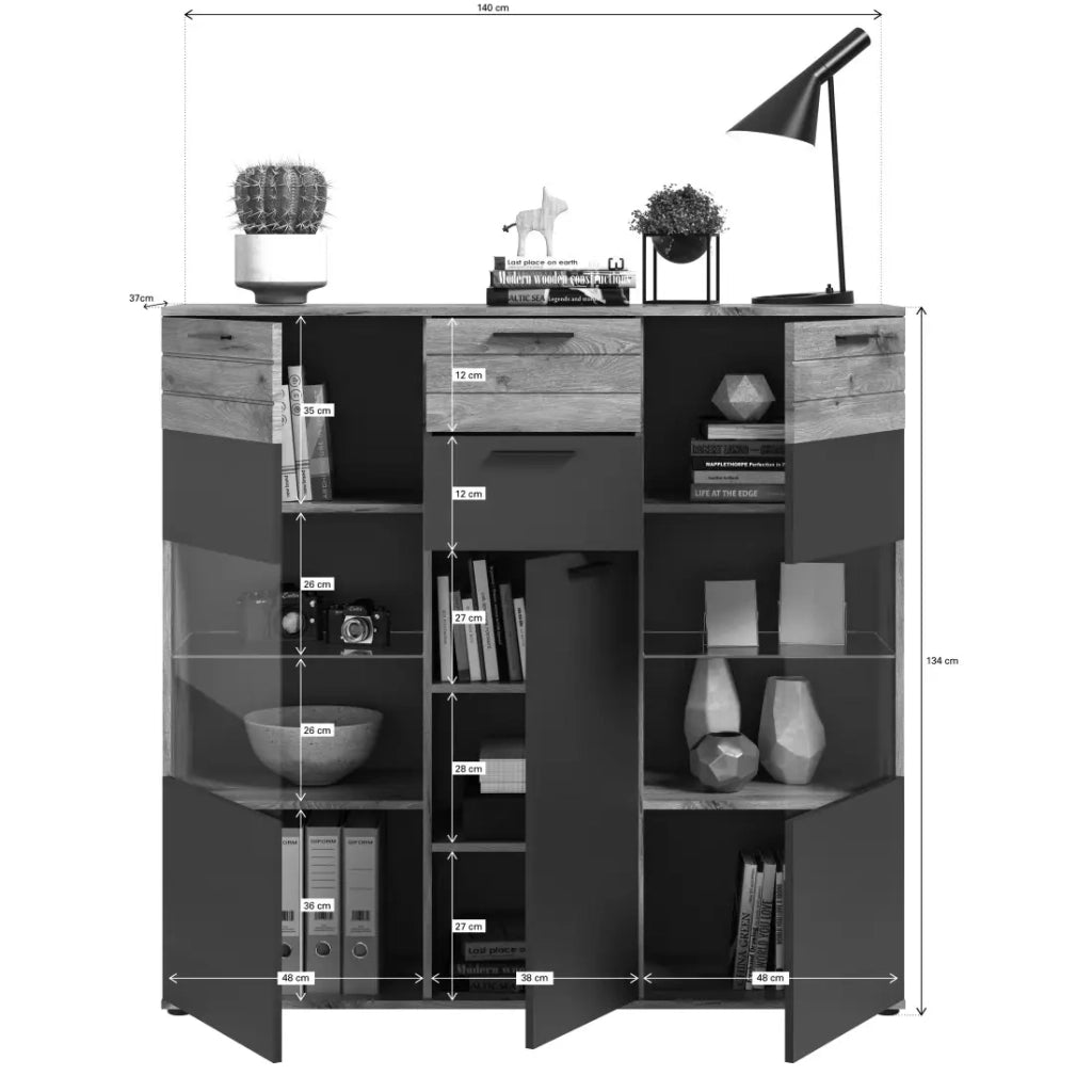 Buffet alto con porta in vetro - Grigio antracite e rovere chiaro - SELMA