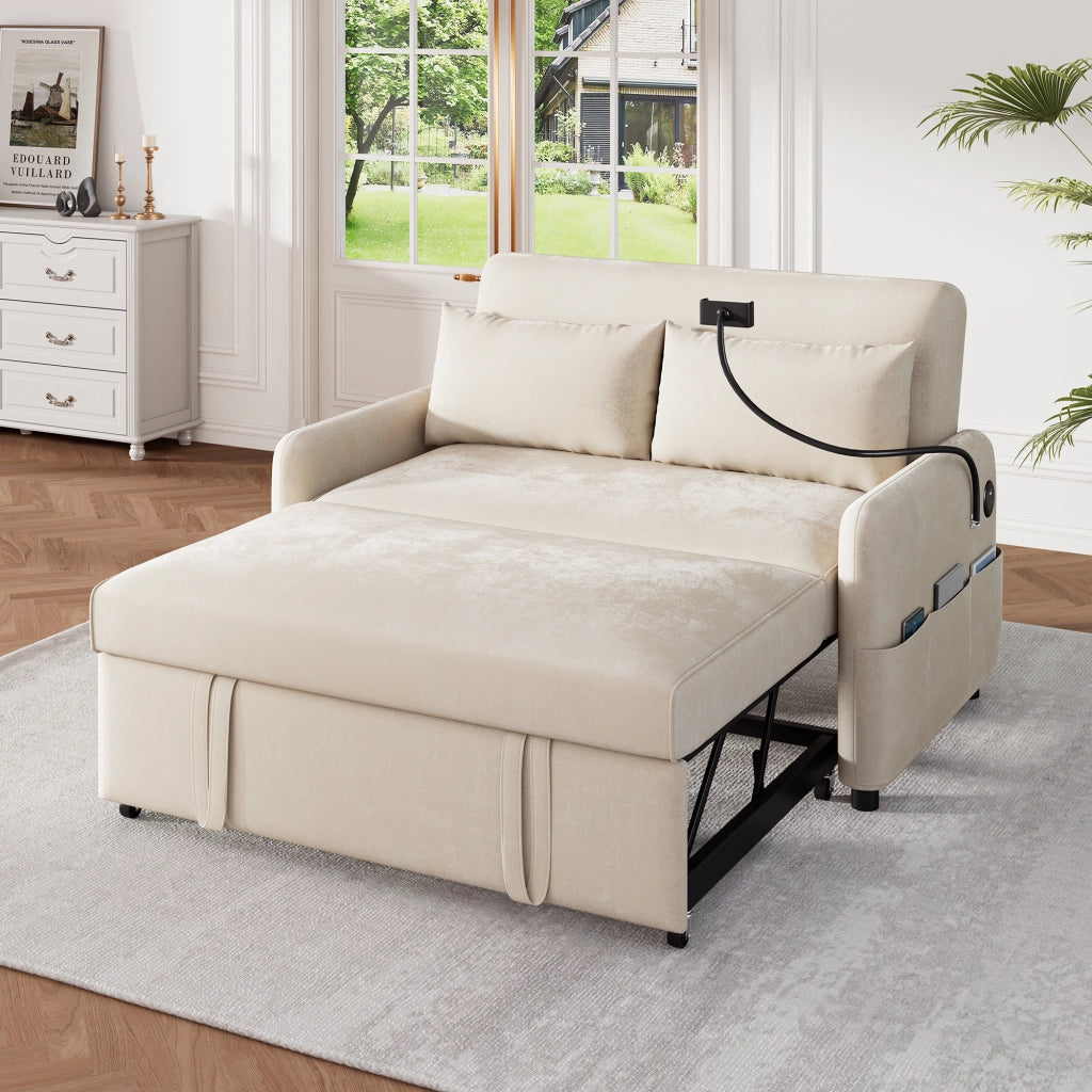 DIVANO LETTO Estraibile 129x163 cm Ciniglia Beige con USB e supporto telefono