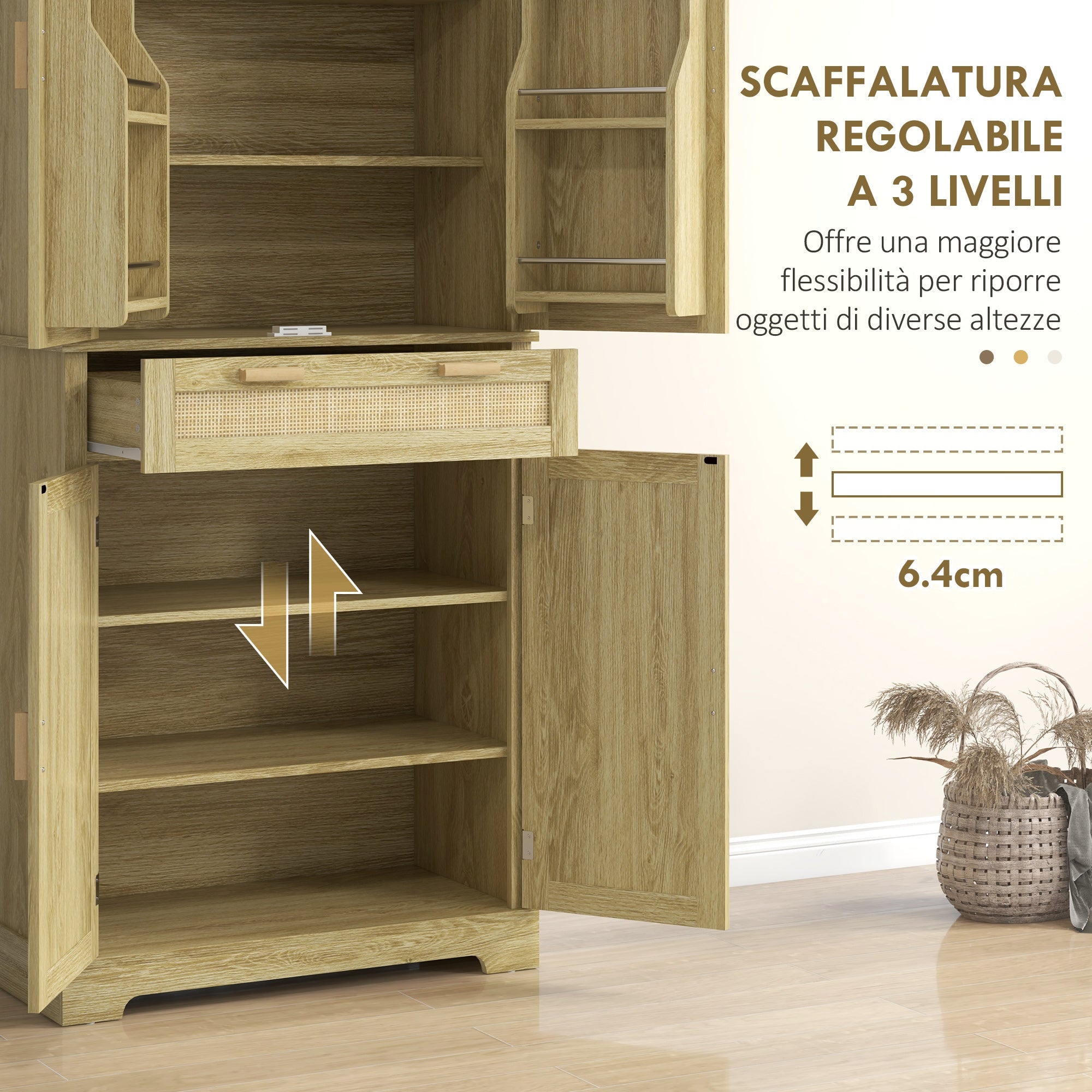 Credenza Cucina Stile Boho 2 Armadietti con Portaspezie e Cassetto 76x40x183 cm Rovere