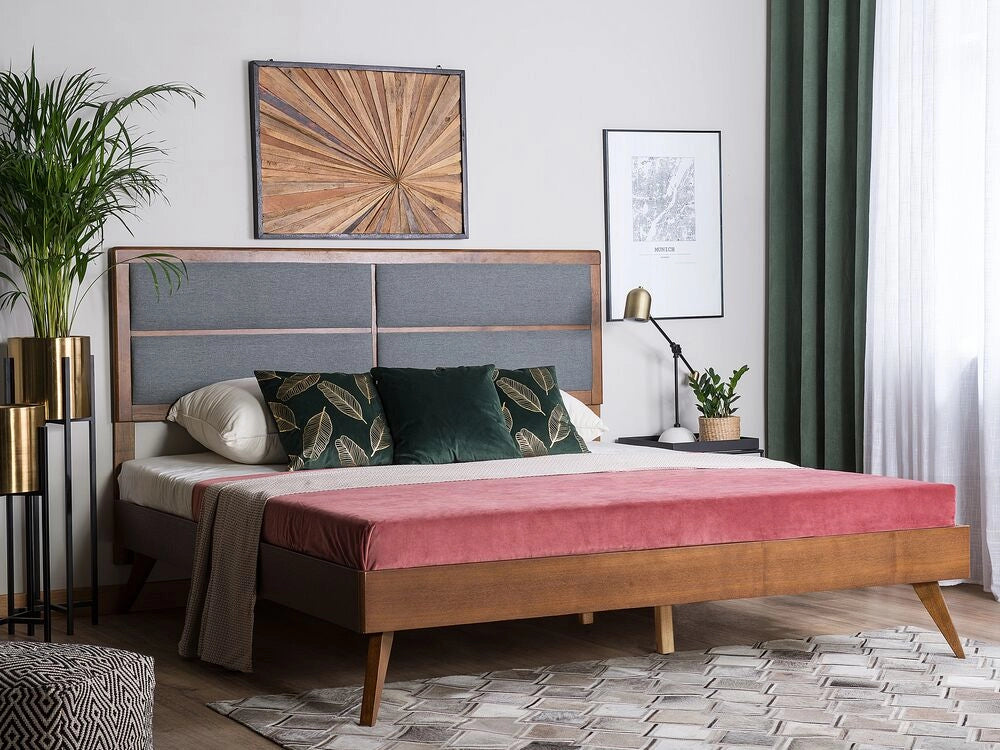 Letto 160 x 200 cm in frassino scuro con testiera imbottita in MDF e rete a doghe