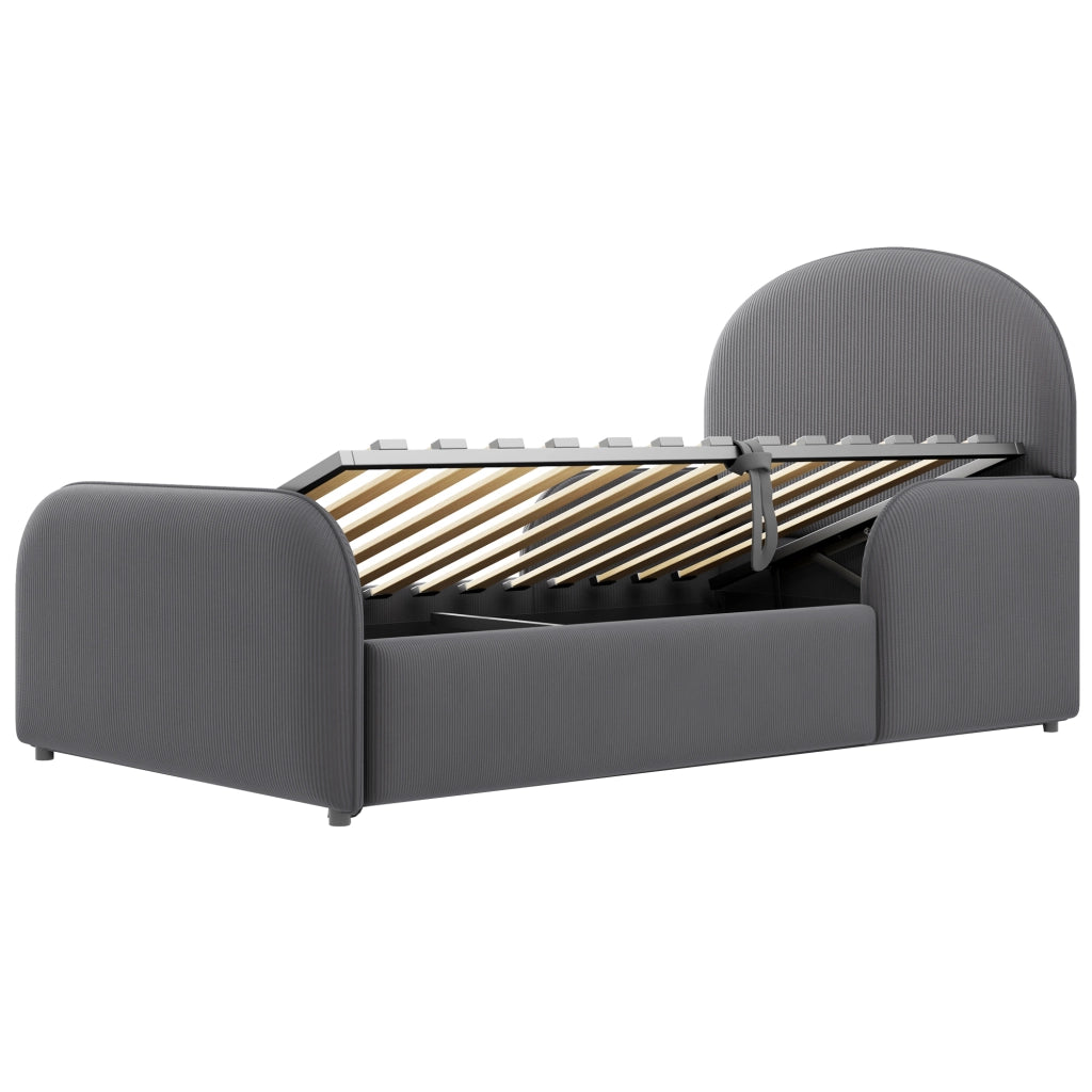 DESMIU Letto per bambini 90 × 200 cm con vano contenitore idraulico e sponde di sicurezza, senza materasso, in velluto, grigio