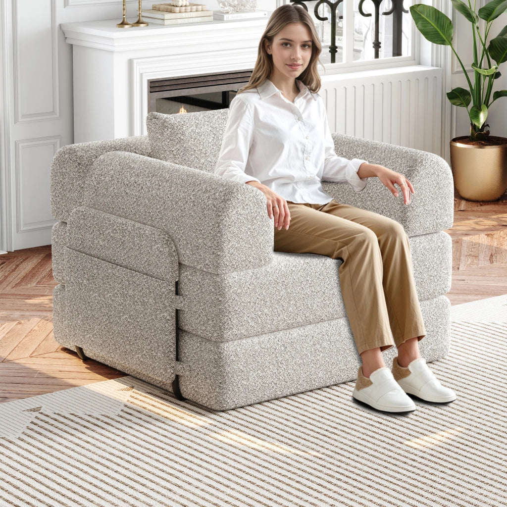 Divano letto modulare con vano portaoggetti nel bracciolo; struttura in metallo e chenille khaki