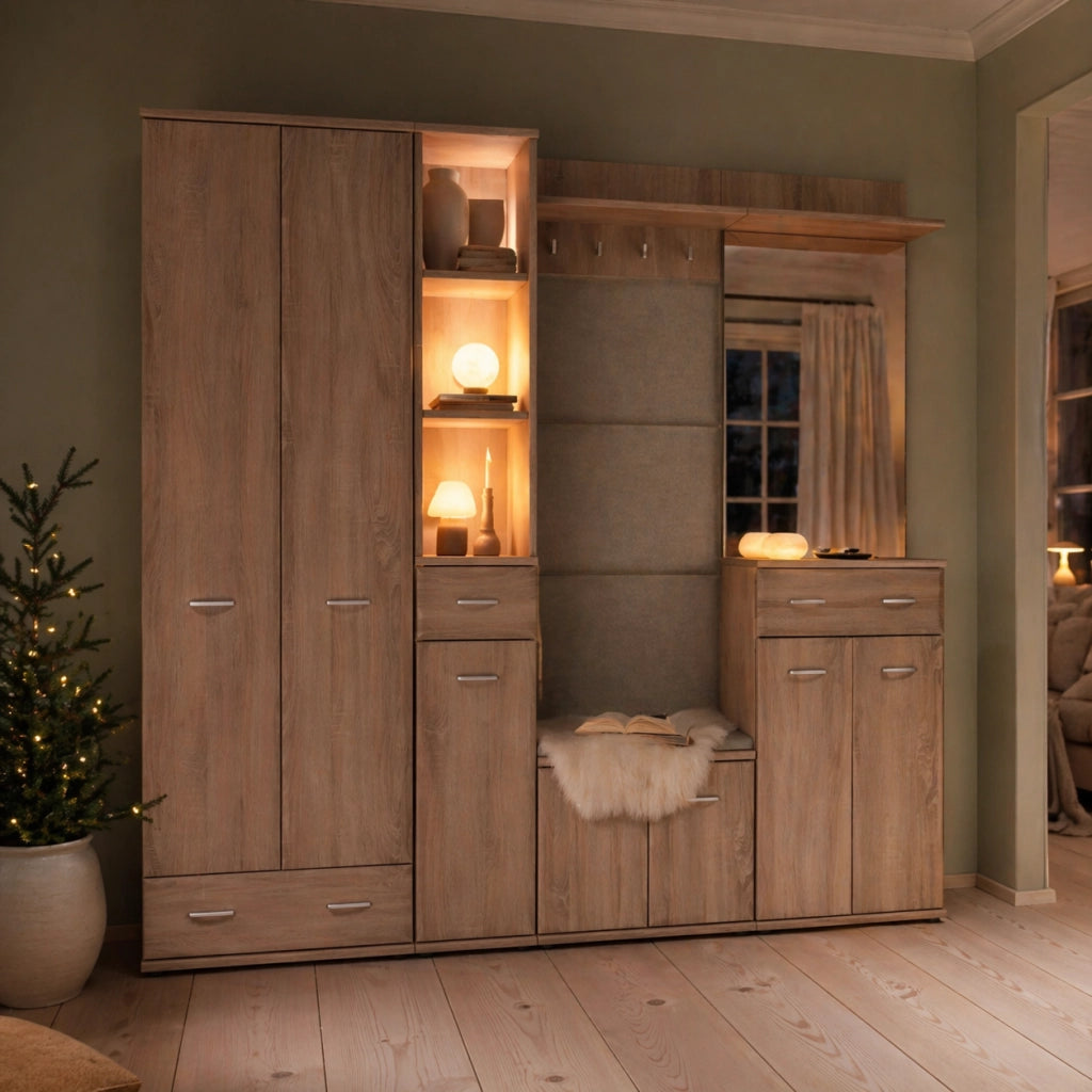 Set Ingresso Scarpiera Appendiabiti Imbottito Mobile Entrata Anta Specchio Vani Guardaroba Ganci Armadio Mobiletto Multifunzione Salvaspazio Corridoio Casa Design Moderno 210 x 32 x 203 Cm Rovere