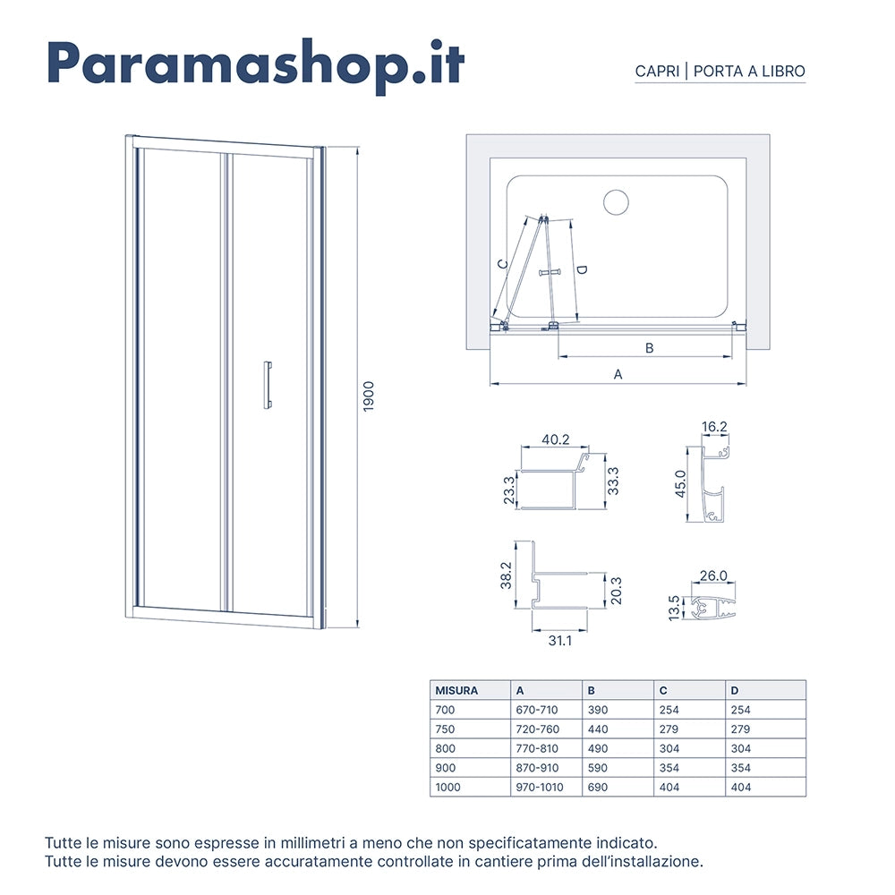 Porta doccia 90 cm profili nero opaco apertura a libro vetro trasparente | Capri