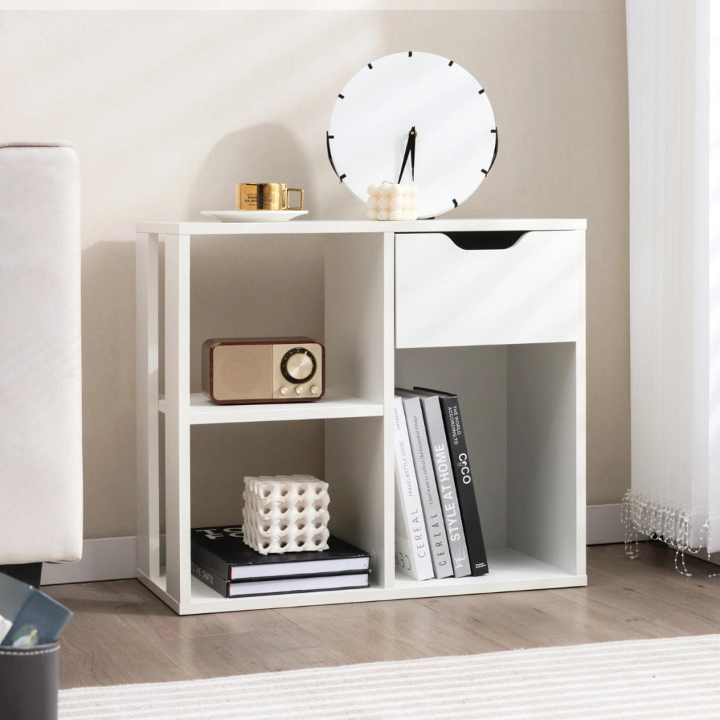 Scaffale di stoccaggio espositivo in legno a 2 livelli per soggiorno-Libreria a 3 cubi con cassetto estraibile Bianco