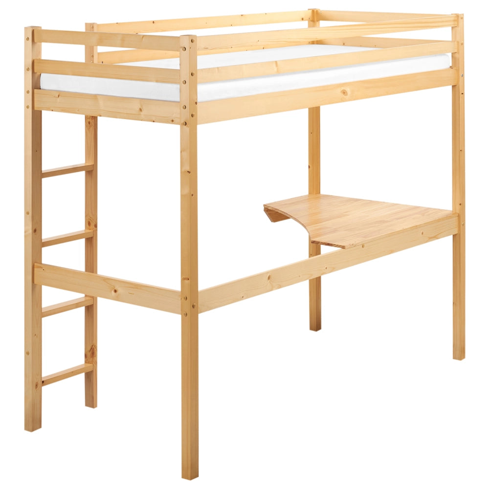 Letto singolo a soppalco in marrone chiaro 90 x 200 cm con telaio e contenitore con scrivania cameretta bambini