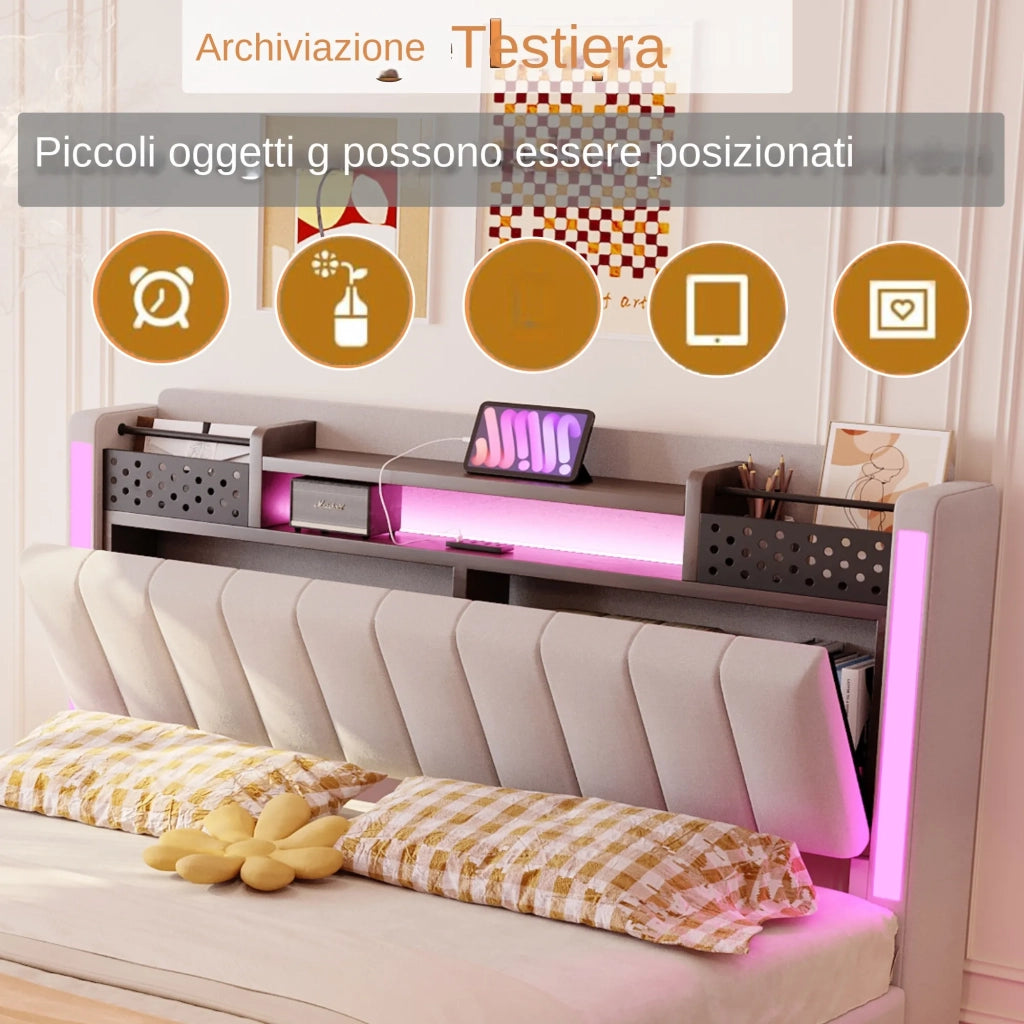 Letto matrimoniale imbottito 140x200 cm con LED; USB; testiera contenitore e rete; beige