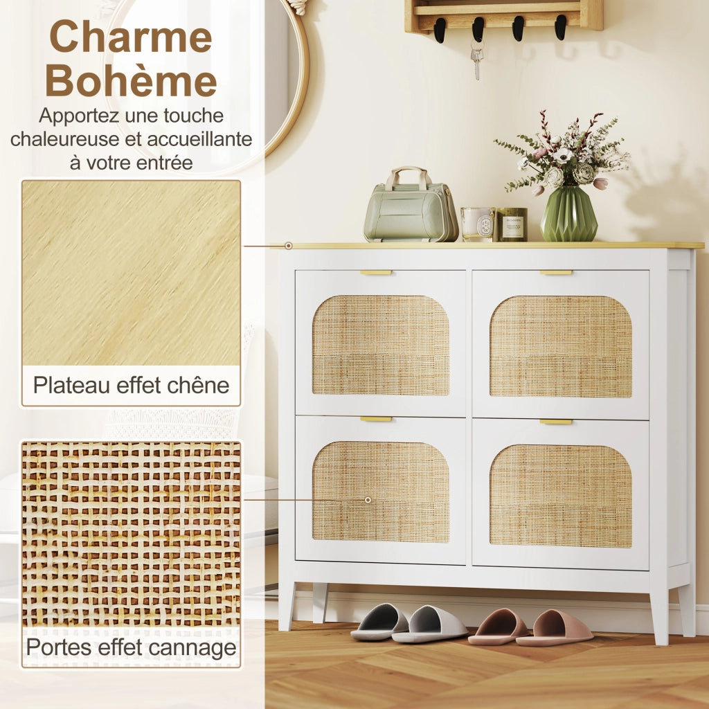 Scarpiera con Ante Effetto Cannage e 4 Cassetti ¨C Minimal ¨C Bianco 105x24x95.5 cm