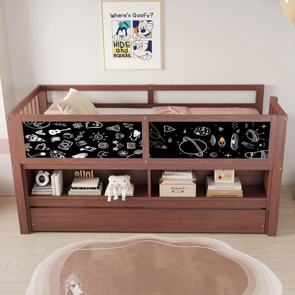 OKWISH Letto a Casetta 90×200 cm, Letto Singolo con Letto Estraibile, Lavagna, Ripiani e Scala, senza Materasso, in Legno, Marrone