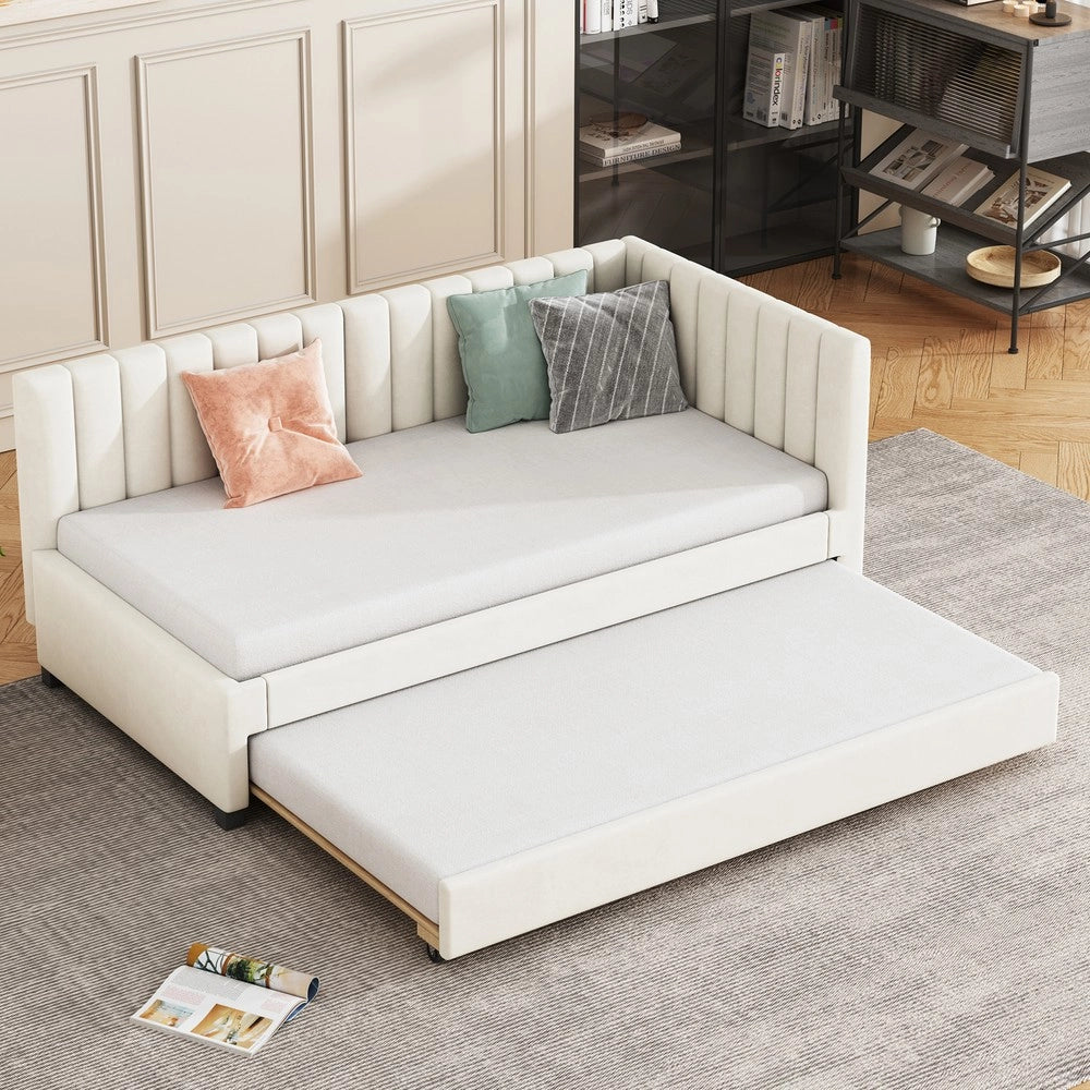 Letto Imbottito Singolo Estraibile con Rete a Doghe ¨C MINIMAL ¨C Velluto Beige 90x200