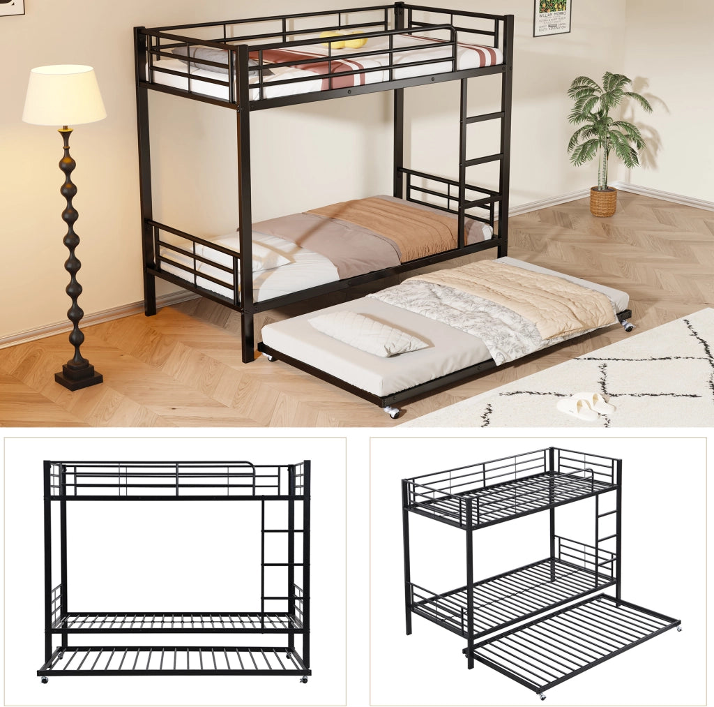 Letto a castello in ferro nero con letto estraibile, adatto per bambini e ragazzi, 90x200 cm e 90x190 cm