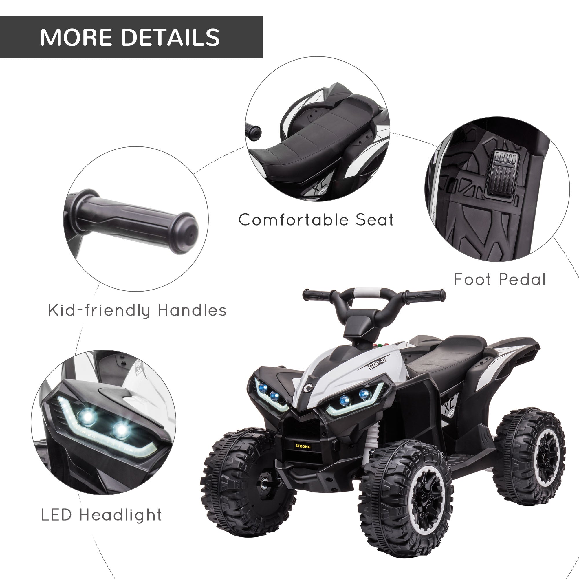 Quad Elettrico per Bambini 12V Ruote Larghe con Sospensioni e Fari LED Bianco