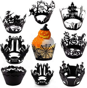 Decorazioni per Cupcake Halloween a Stile Geometrico con Disegni di Fantasmi, Ragnatele e Castelli in Grafite per Feste di Halloween e Feste da Tavola con Stampa Laser.