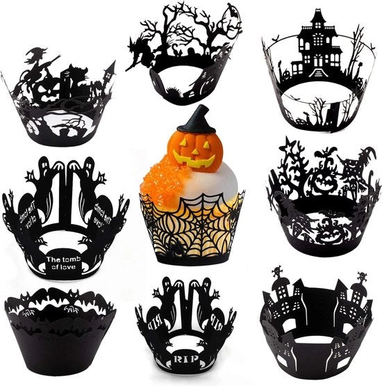 Decorazioni per Cupcake Halloween a Stile Geometrico con Disegni di Fantasmi, Ragnatele e Castelli in Grafite per Feste di Halloween e Feste da Tavola con Stampa Laser.