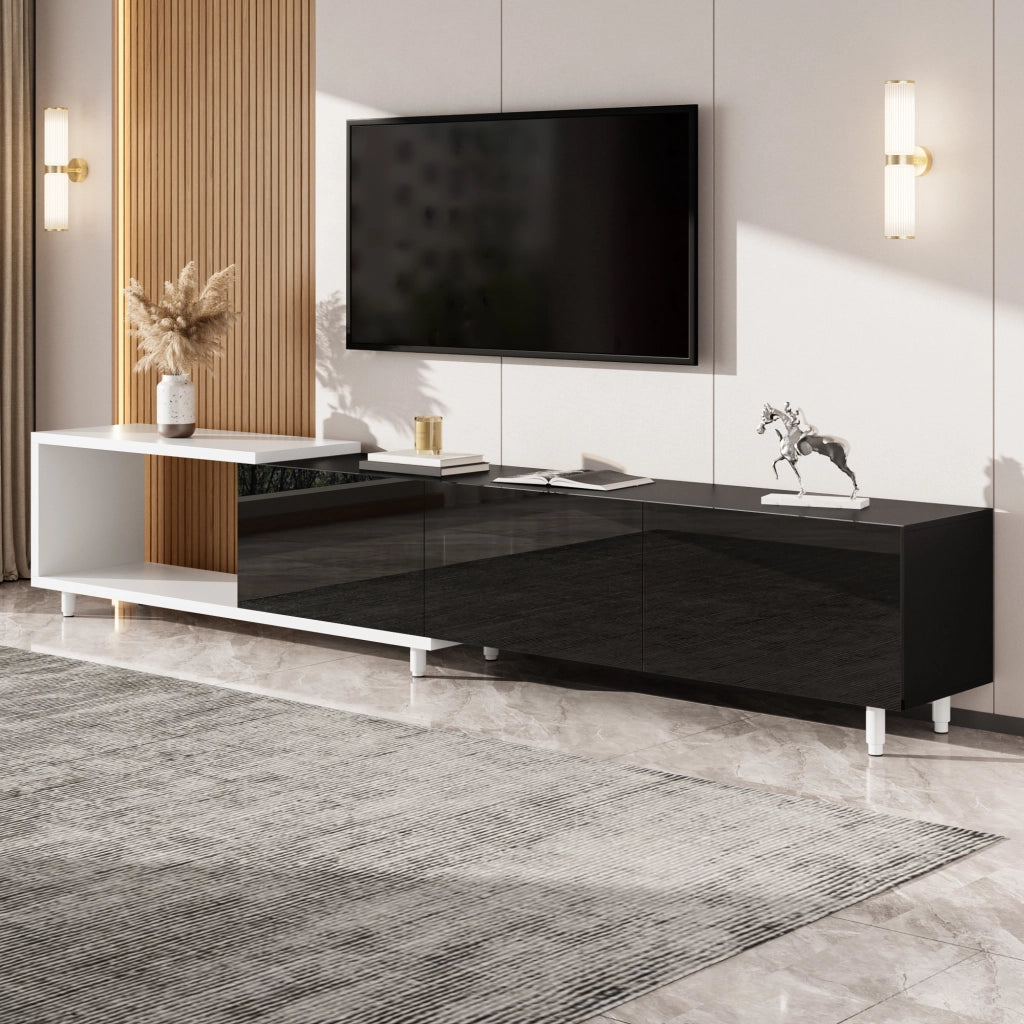 Cassettiera per TV nera e bianca in MDF e truciolare lunghezza 258 cm
