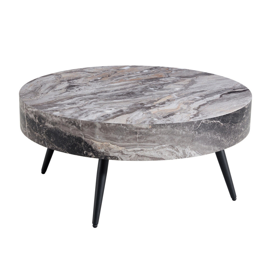 Tavolino da caffè rotondo 70 cm con piedini regolabili in MDF effetto marmo grigio e nero