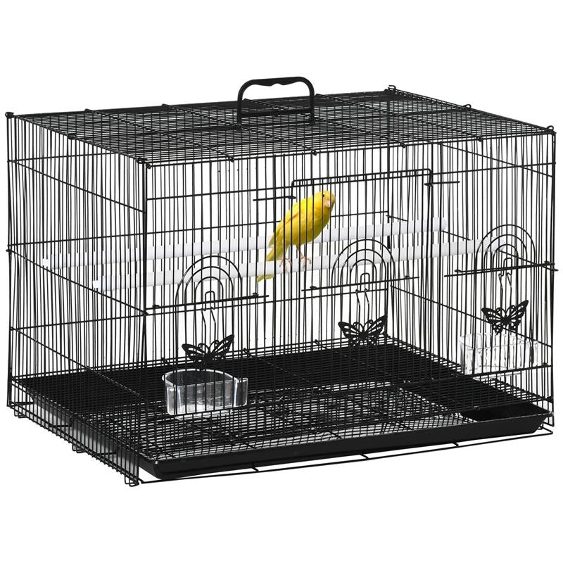 GABBIA PER UCCELLI CON 2 POSATOI E 3 INGRESSI IN FILO METALLICO E PLASTICA 60X41X41 CM NERO