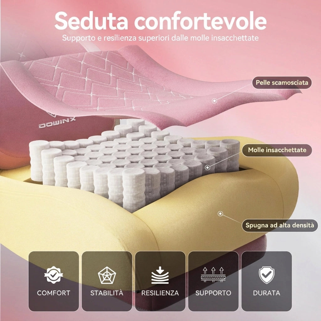 Sedia da Gaming | Funzioni di riscaldamento e massaggio, supporto lombare, poggiapiedi, materiale in tessuto, Bianco rosato
